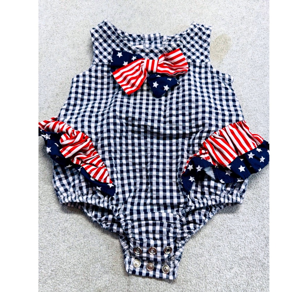 Bonnie Baby Romper Baby Girls 3-6M Navy Gingham Patriotic Stars Stripes Bow
